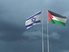 israel palestine flag waving sky