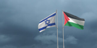 israel palestine flag waving sky