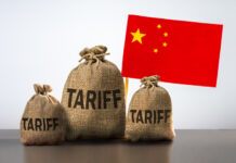 China trade tariffs, sanction, trade tax. Bags with different tariffs and chinese flag. Conflict between USA and China.