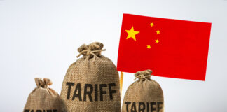 China trade tariffs, sanction, trade tax. Bags with different tariffs and chinese flag. Conflict between USA and China.