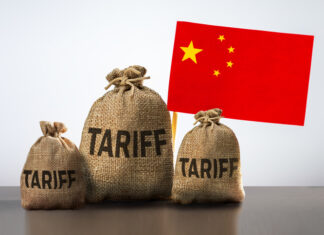 China trade tariffs, sanction, trade tax. Bags with different tariffs and chinese flag. Conflict between USA and China.