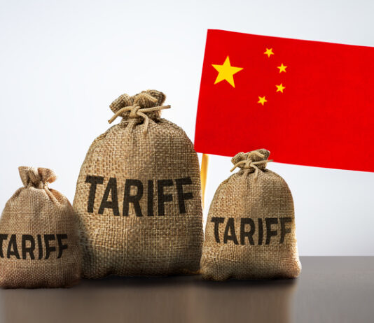 China trade tariffs, sanction, trade tax. Bags with different tariffs and chinese flag. Conflict between USA and China.