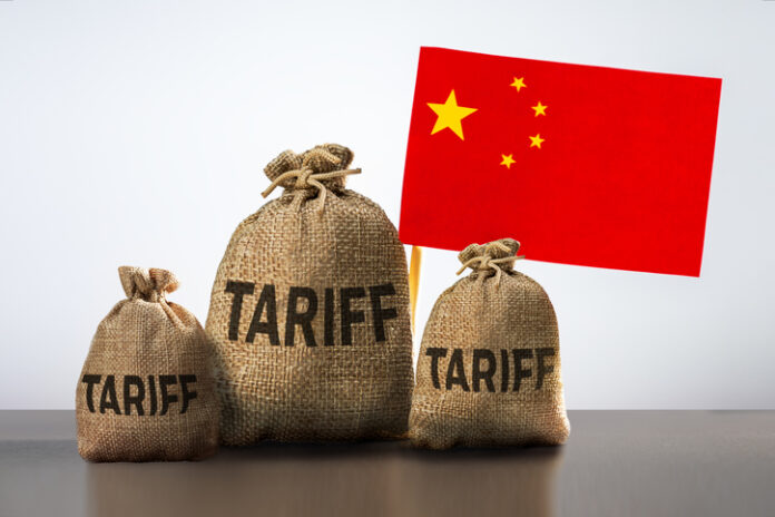 China trade tariffs, sanction, trade tax. Bags with different tariffs and chinese flag. Conflict between USA and China.