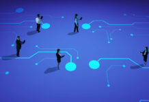 Business people distributed over digital world map, interacting via glowing nodes, reflecting cross-border connectivity.