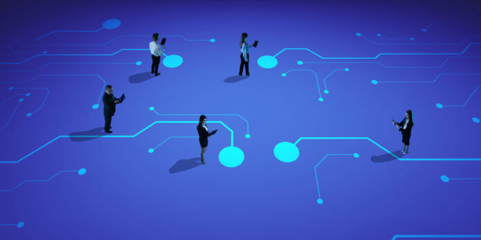 Business people distributed over digital world map, interacting via glowing nodes, reflecting cross-border connectivity.