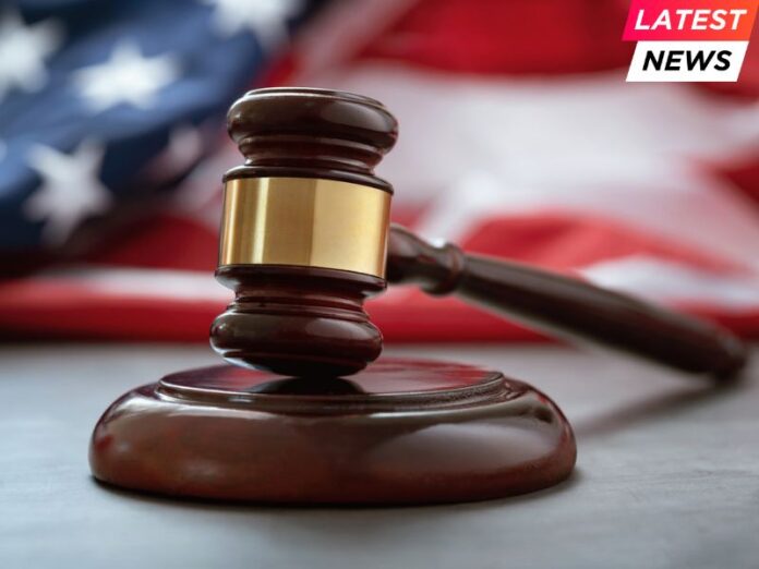 Close up of wooden judge gavel over the american