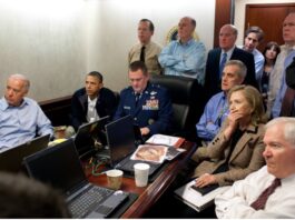 Ex-President Obama, Ex-Vice President Clinton, and the U.S. national security team watching Navy Seals attack on Osama bin Laden from the Situation Room.