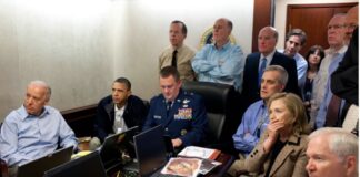 Ex-President Obama, Ex-Vice President Clinton, and the U.S. national security team watching Navy Seals attack on Osama bin Laden from the Situation Room.