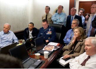 Ex-President Obama, Ex-Vice President Clinton, and the U.S. national security team watching Navy Seals attack on Osama bin Laden from the Situation Room.
