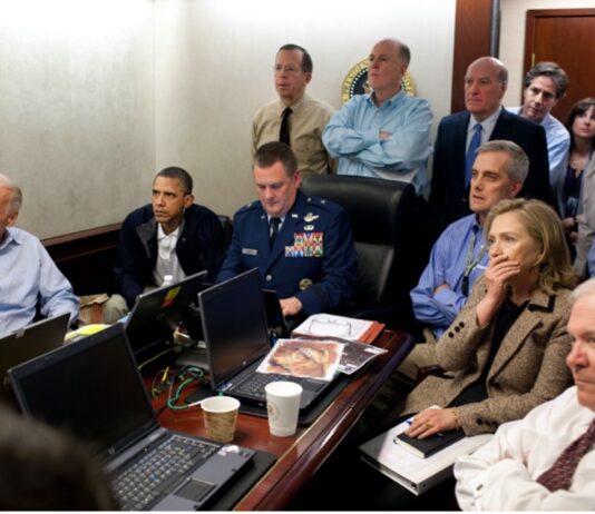 Ex-President Obama, Ex-Vice President Clinton, and the U.S. national security team watching Navy Seals attack on Osama bin Laden from the Situation Room.