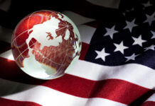Image of the American flag with the earth superimposed