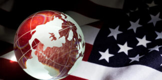 Image of the American flag with the earth superimposed