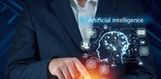 Businessman hand holding cellphone, smartphone with ai infographic.