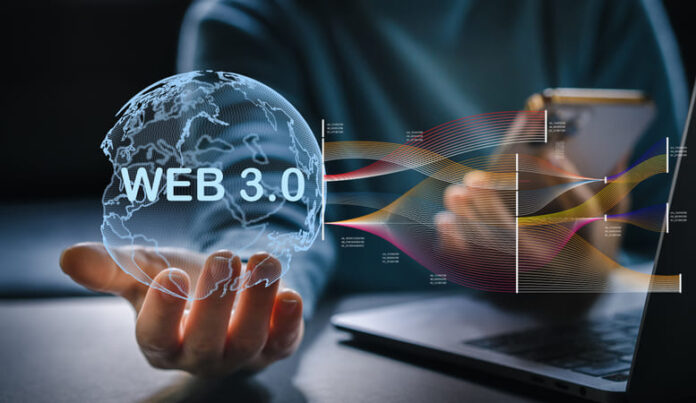 Human hold Web 3.0 with globe, big Data and blockchain