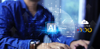 Businessman is command AI on laptop computer in office to help analyze data or generate images picture draft word dialogue story writing with big data operating information in the world of digital.