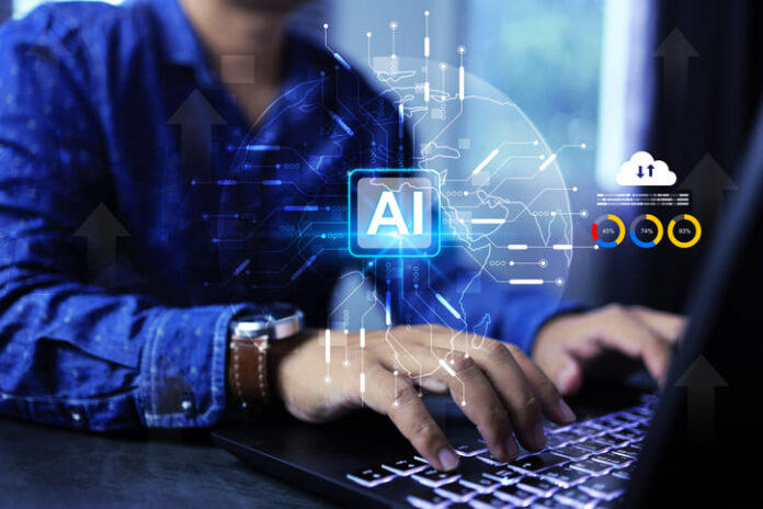 Businessman is command AI on laptop computer in office to help analyze data or generate images picture draft word dialogue story writing with big data operating information in the world of digital.