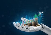 Robot Hand holding stacking pile of coins and analyzing the stock market.Using AI in Business to Achieve Goals.