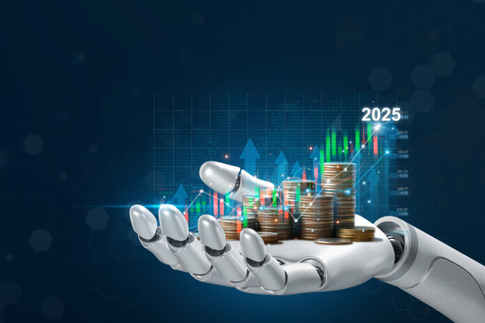Robot Hand holding stacking pile of coins and analyzing the stock market.Using AI in Business to Achieve Goals.