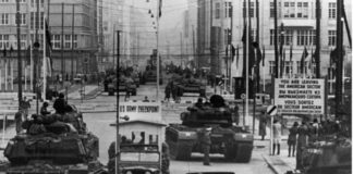 US Army tanks face off against Soviet armor at Checkpoint Charlie, Berlin, October 1961.