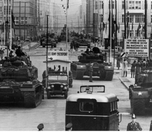 US Army tanks face off against Soviet armor at Checkpoint Charlie, Berlin, October 1961.