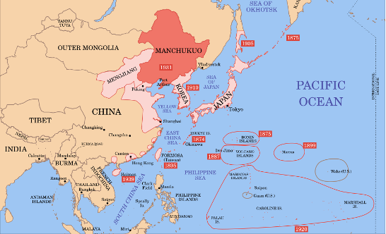 Location of Manchukuo (red) in Imperial Japan's region of influence, 1939.
