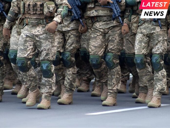 Military soldiers march in a parade with weapon Military soldiers march in a parade with weapon