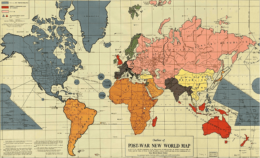 1942 map of the world showing events of World War II