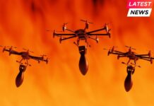 Unmanned commercial drones carrying air bombs in a battlefield