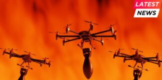 Unmanned commercial drones carrying air bombs in a battlefield