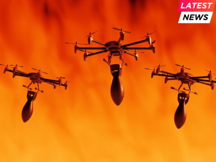 Unmanned commercial drones carrying air bombs in a battlefield