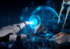 artificial intelligence AI research of robot and cyborg development for future of people living. Digital data mining and machine learning technology design for computer brain.