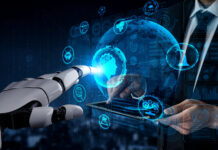 artificial intelligence AI research of robot and cyborg development for future of people living. Digital data mining and machine learning technology design for computer brain.