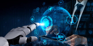 artificial intelligence AI research of robot and cyborg development for future of people living. Digital data mining and machine learning technology design for computer brain.