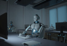 Humanoid robot in a call center.