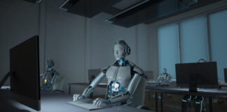 Humanoid robot in a call center.