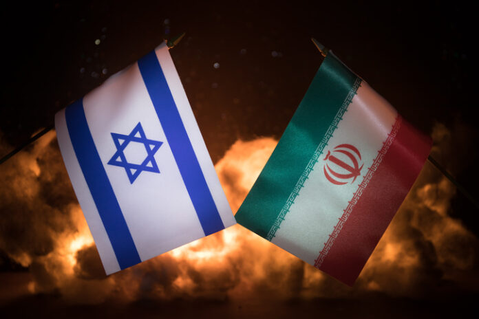 political conflicts between nations. Israel and Iran flags