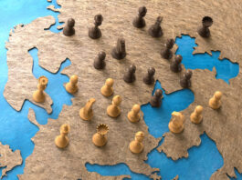 symbol of geopolitics in the world with chess pieces.