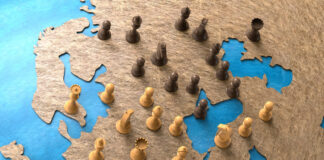 symbol of geopolitics in the world with chess pieces.