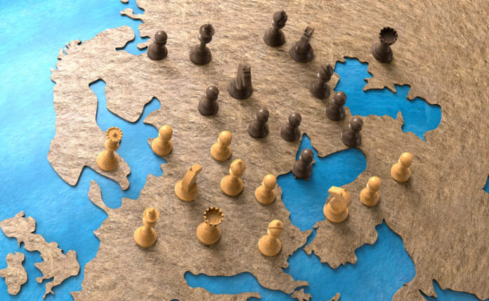 symbol of geopolitics in the world with chess pieces.