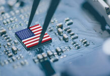 Flag of USA on a processor, CPU Central processing Unit or GPU microchip on a motherboard.