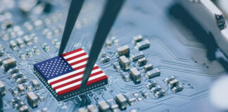 Flag of USA on a processor, CPU Central processing Unit or GPU microchip on a motherboard.