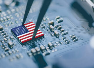 Flag of USA on a processor, CPU Central processing Unit or GPU microchip on a motherboard.