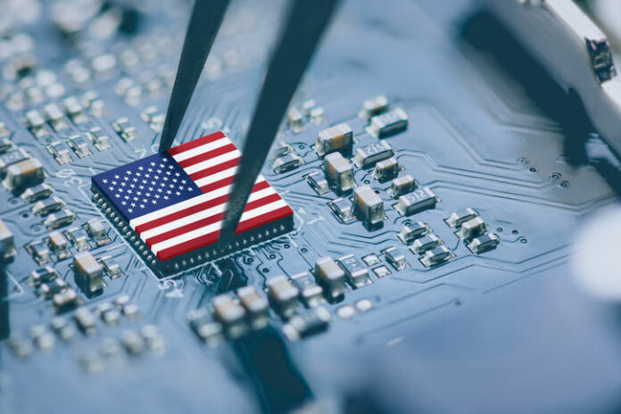 Flag of USA on a processor, CPU Central processing Unit or GPU microchip on a motherboard.