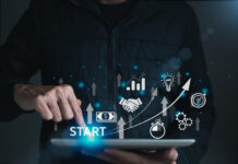 Startup concept with icon business and network connection on a modern virtual interface from a digital tablet. strategy planning for success, opportunity business people.