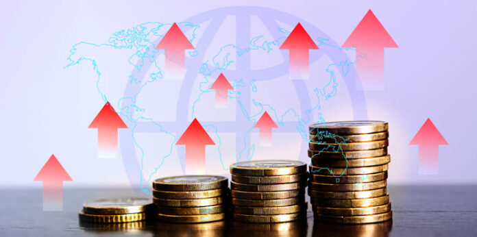 Global Economic Growth Illustrated with Rising Coin Stacks