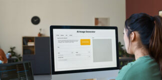 Young female designer sitting in front of desktop computer with AI image generator on screen and typing on keypad