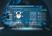 AI agent and generative artificial intelligence concept. Businessman using AI agents on screen, including chatbots, AI assistants, and data analytics tools on a laptop.