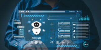 AI agent and generative artificial intelligence concept. Businessman using AI agents on screen, including chatbots, AI assistants, and data analytics tools on a laptop.