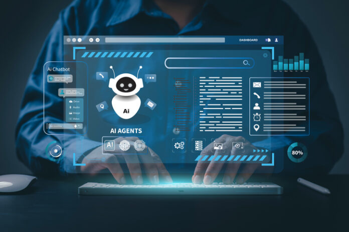 AI agent and generative artificial intelligence concept. Businessman using AI agents on screen, including chatbots, AI assistants, and data analytics tools on a laptop.