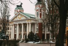 Historic facade of the National Theatre in Sofia, Bulgaria 